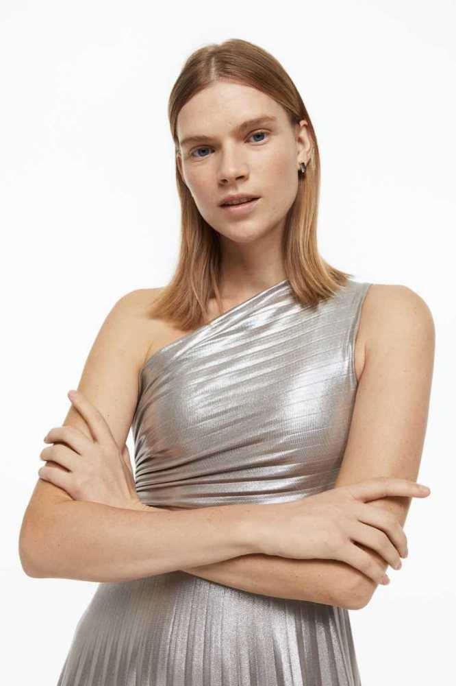 Vestido H&M Shimmery Metallic Plisado Mujer Plateados | 891520QEY