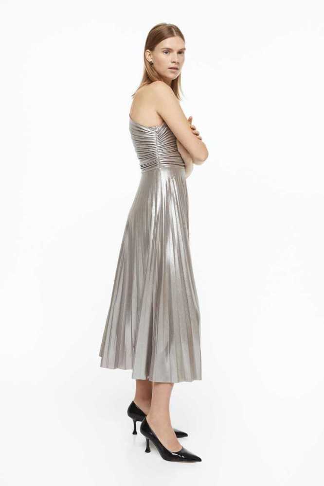 Vestido H&M Shimmery Metallic Plisado Mujer Plateados | 891520QEY