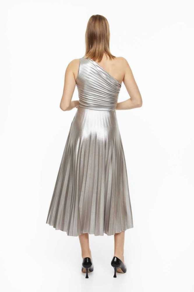 Vestido H&M Shimmery Metallic Plisado Mujer Plateados | 891520QEY