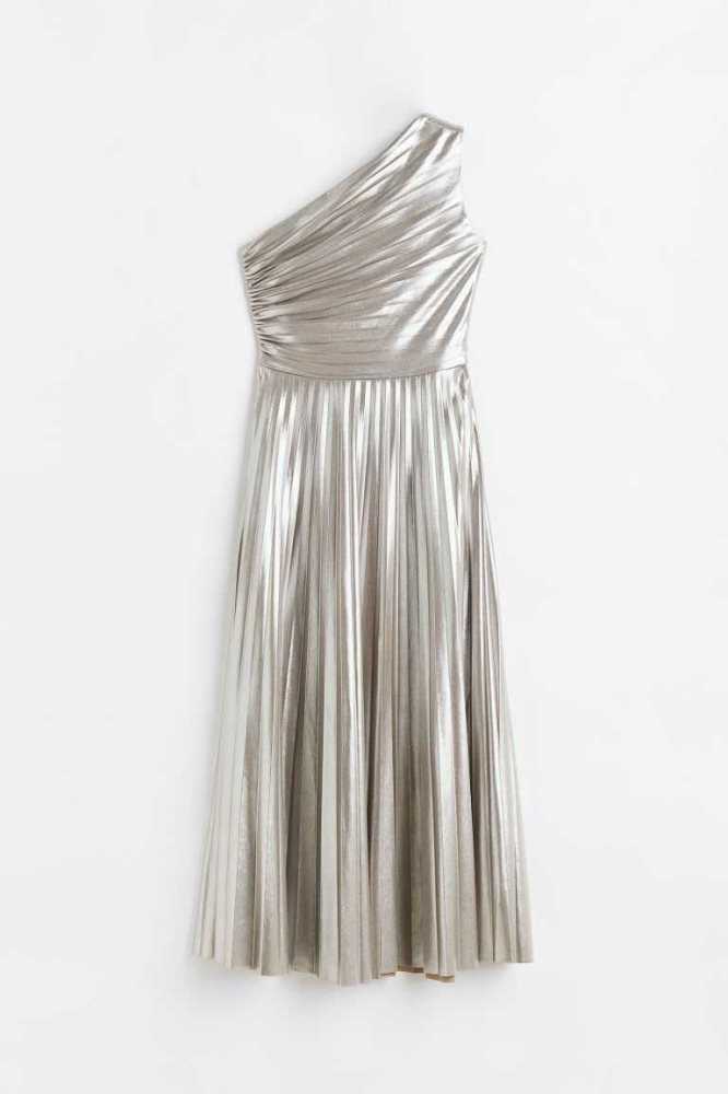 Vestido H&M Shimmery Metallic Plisado Mujer Plateados | 891520QEY