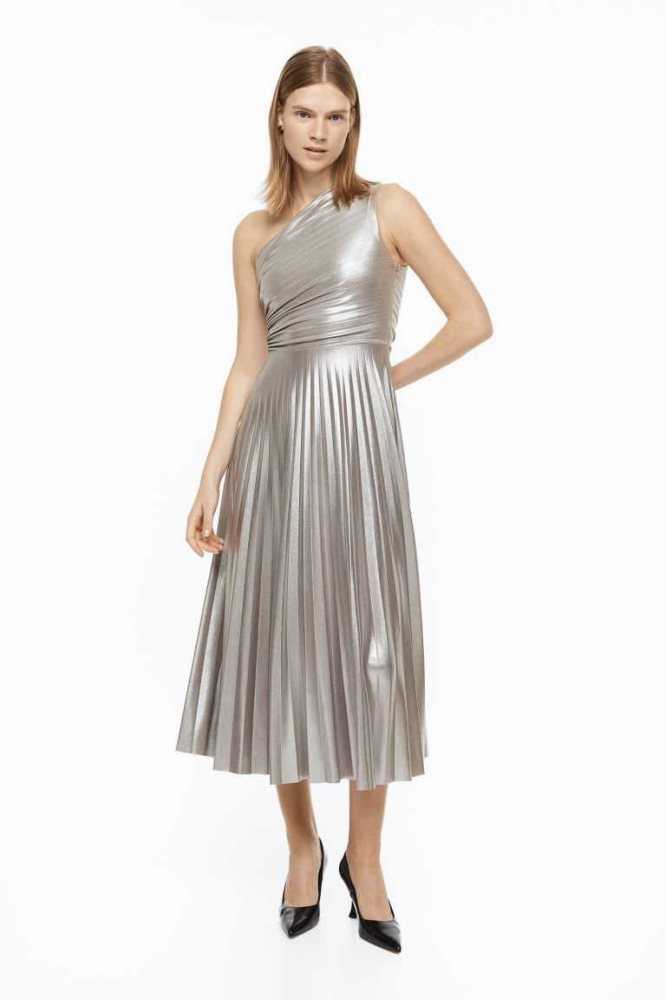 Vestido H&M Shimmery Metallic Plisado Mujer Plateados | 891520QEY