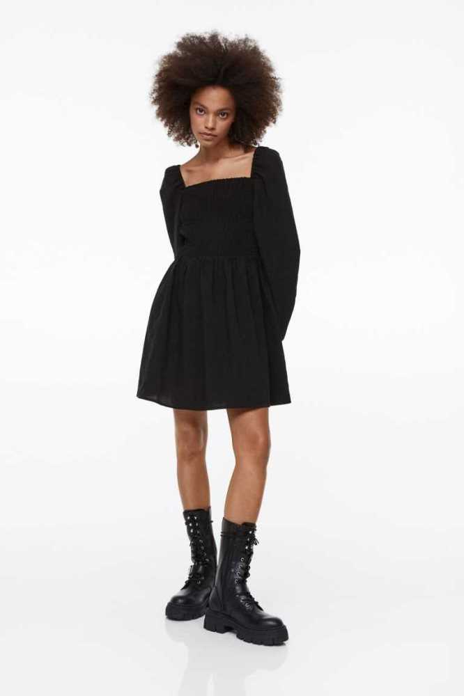 Vestido H&M Smock-detail Creped Mujer Negros | 761392GIT