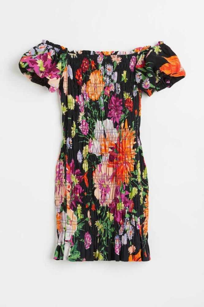 Vestido H&M Smocked Off-the-shoulder Mujer Rosas | 368147ZWJ