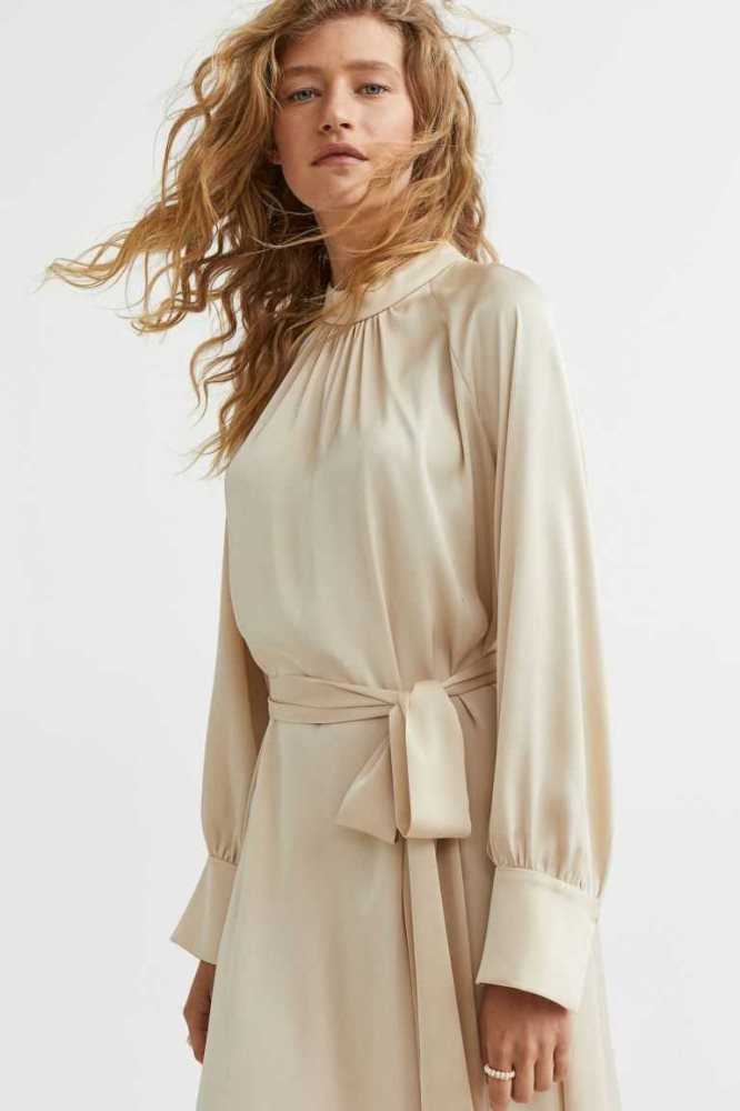 Vestido H&M Tie-belt Satin Mujer Beige Claro | 038912UXC