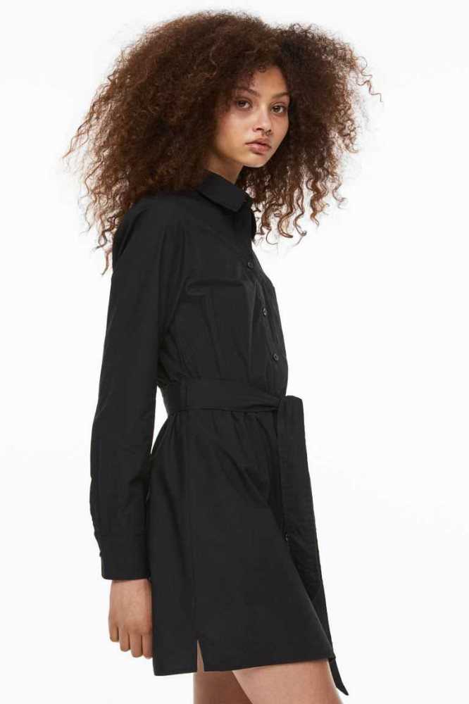 Vestido H&M Tie-belt cotton shirt Mujer Negros | 109345KYI