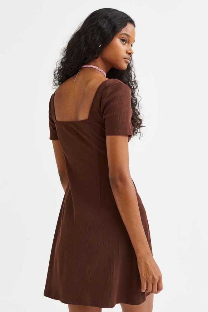 Vestido H&M Tie-detail Acanalado Mujer Marrom Oscuro | 361029XOJ