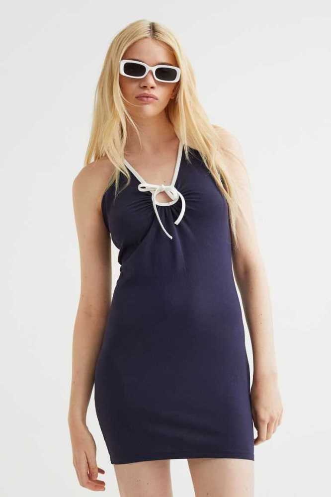 Vestido H&M Tie-detail Halterneck Mujer Azules Oscuro Blancos | 275068GOQ