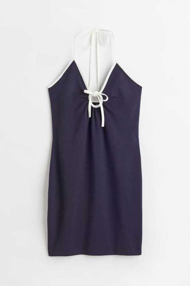 Vestido H&M Tie-detail Halterneck Mujer Azules Oscuro Blancos | 275068GOQ