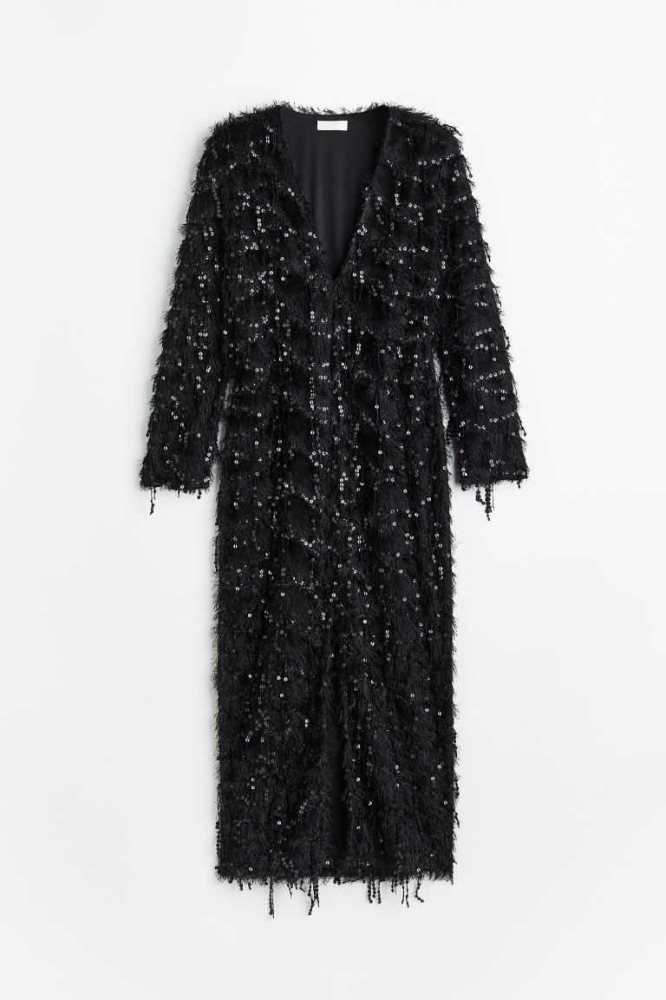 Vestido H&M V-neck Sequined Mujer Negros | 768142ERN