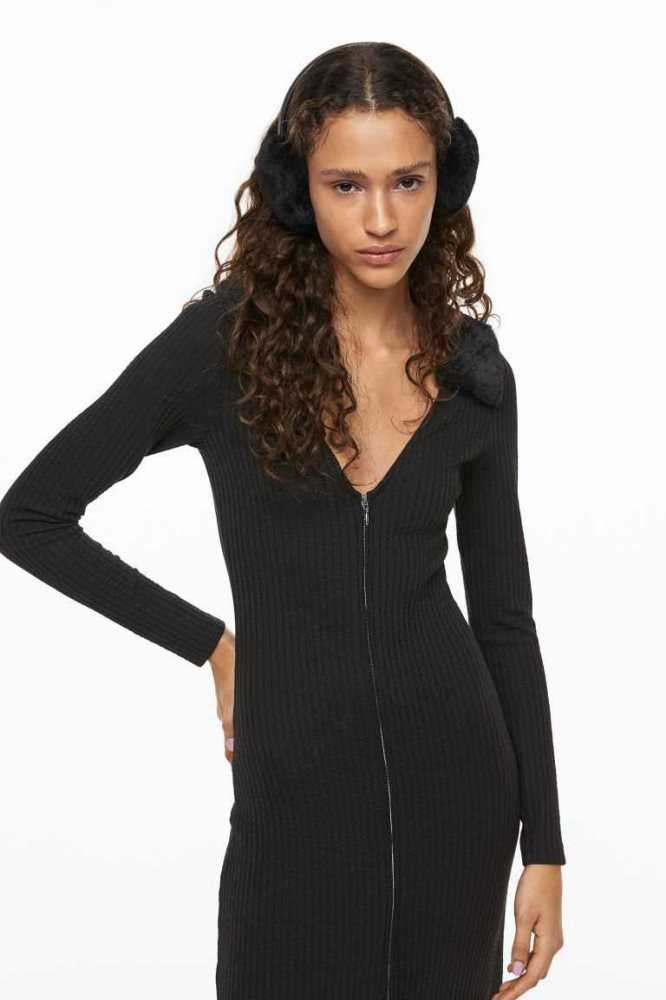 Vestido H&M Zip-front Acanalado Mujer Negros | 576143EOS